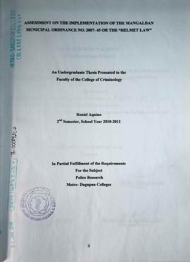 Assessment on the Implementation of the Mangaldan Municipal Ordinance No. 2007-45 Or the "He...