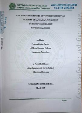 Assessment procedures of Victorious Christian Academy in San Fabian Pangasinan in identifying chi...