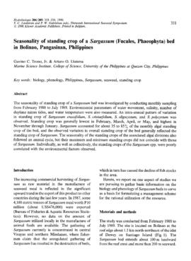 Seasonality of standing crop of a Sargassum(Fucales, Phaeophyta) bed in Bolinao, Pangasinan, Phil...