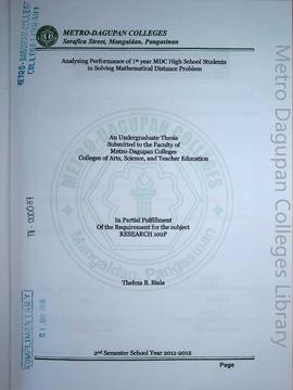 Analyzing performance of first year MDC High SChool students in solving Mathematical Distance pro...